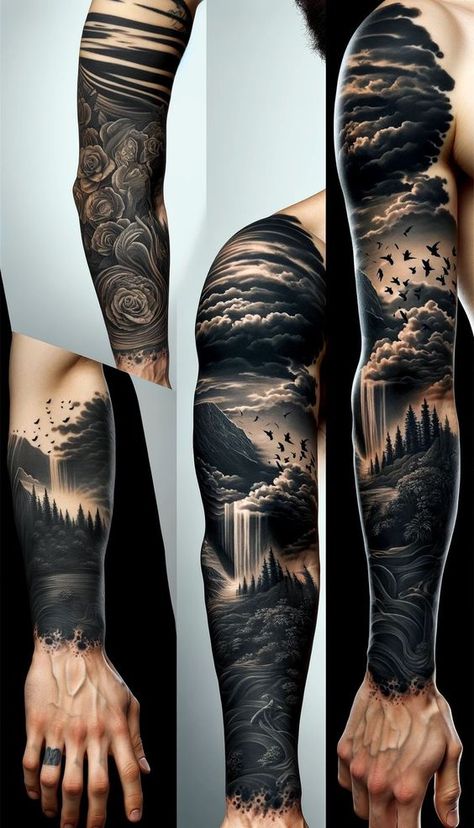 Sleeve Cover Up Tattoo Men, Forest Forearm Tattoo, Arm Cover Up Tattoos, Forearm Cover Up Tattoos, Cover Up Tattoos For Men, Tattoo Homme, Viking Tattoo Sleeve, Modern Art Tattoos, Nature Tattoo Sleeve