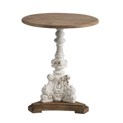 Farmhouse style meets elegant, classical craftsmanship with this accent side table. It has a wide round tabletop for hand curated decorations, vases, photos, and more. White Round Side Table, Country Style Furniture, Rustic End Tables, Classic Vintage Style, Round Accent Table, Accent Side Table, A&b Home, Table Ronde, Wood End Tables