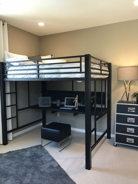 Teen / Kids Bedroom Ideas.  Loft Bed Teen Loft Beds, Bunk Bed With Desk Modern, Loft Bed Metal, Room Decor Ideas Loft Bed, Loft Bed With Desk And Closet, Bunk Bed With Desk For Small Room Teen Bedroom, Black Loft Bed Ideas, Metal Loft Bed Ideas, Ikea Loft Bed Ideas For Teens