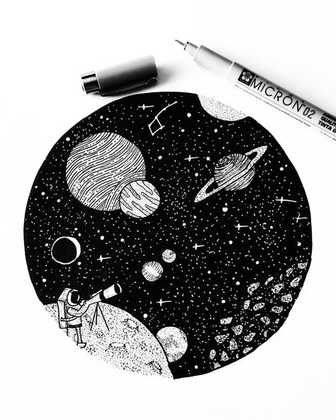 On trace ! Drawing Ideas With Black Pen, Space Pen Drawing, Drawing Ink Pen, Black Pen Drawing, Tumblr Sketches, Astronaut Tattoo, Art Spatial, Kunst Tattoos, Space Drawings