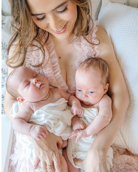 Still in love and admiring this twin newborn session! Mom and her twins’ cuddles! Twins And Mom Photography, Newborn Twins Photography With Parents, Mom Holding Twins, Twin Baby Girls Newborns, Newborn Twins Boy And Girl, Newborn Twins, Still In Love, Newborn Session, Twins