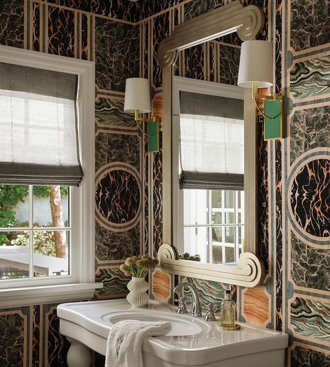 House of Gucci just got a whole ‘nother meaning with this powder room covered in @gucci wallpaper. 🧡 | Instagram Gucci Wallpaper, Marble Walls, House Of Gucci, Art Placement, Wallpaper Instagram, April 6, Marble Wall, Apartment Inspiration, Bathroom Interior Design