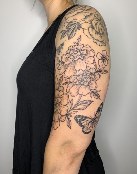 Marigolds and butterfly Marigold Sleeve Tattoo, Marigold Tattoo Men, Marigolds Tattoo, Marigold Flower Tattoo, Marigold Tattoo, Flower Tattoo Shoulder, Marigold Flower, Half Sleeve Tattoo, Butterfly Sleeves