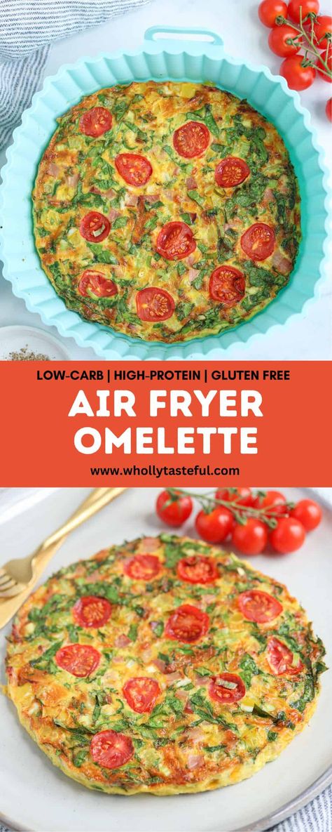 Quick and easy Air Fryer Omelette filled with ham, cheese and fresh veggies. No flipping pans and no mess! Once you try this way of cooking omelets, you won't go back. High Protein Air Fryer Recipes, Baked Omelette Recipe, Air Fryer Omelette, Baked Omelette, Omelette Recipe Easy, Carb Free Recipes, Sausage Hash, Omelets Recipe, Veggie Omelette