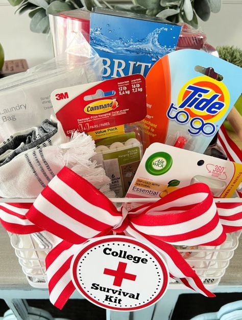 Cute Homemade Graduation Gift Basket Idea – Fun-Squared Homemade Graduation Gifts, Lei For Graduation, College Basket, Graduation Basket, College Gift Baskets, Creative Graduation Gifts, Graduation Gift Basket, College Survival Kit, Survival Kit Gifts