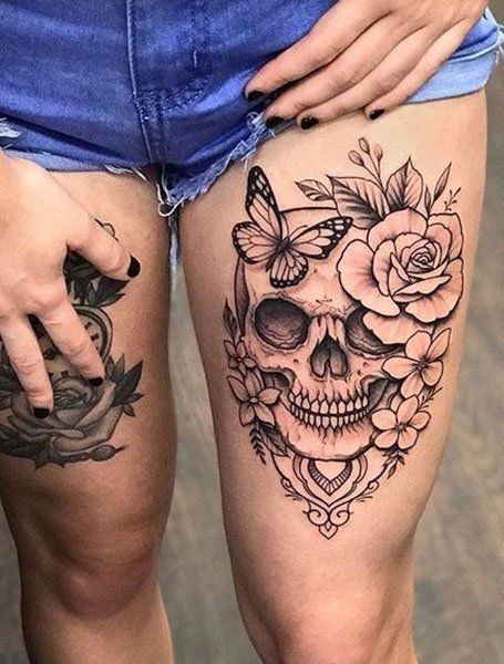 Skull Thigh Tattoos, Tattoos For Females, Skull Rose Tattoos, Hip Thigh Tattoos, Butterfly Tattoos For Women, Sugar Skull Tattoos, Inspiration Tattoos, Tattoo Artwork, Leg Tattoos Women