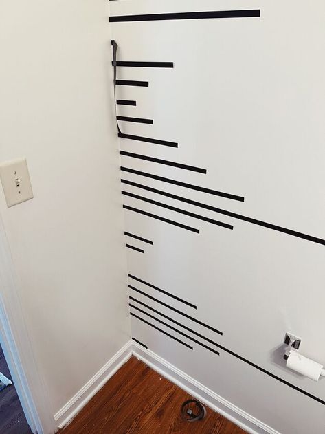 Check out this quick bathroom wall makeover idea for cheap. Renter friendly diy accent wall idea for bathroom or bedroom. #renterfriendly #accentwall Washi Tape Wall Design, Easy Washi Tape Wall Art, Tape Art Ideas Wall Decor, Diy Cheap Accent Wall Ideas, Electric Tape Wall Art Diy, Easy Paint Accent Wall, Accent Wall With Tape Design, Electric Tape Wall Art, Electrical Tape Wall Art