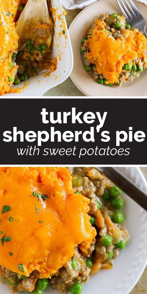 Ground turkey is combined with vegetables and an easy gravy, then topped with cheesy mashed sweet potatoes in this Turkey Shepherd’s Pie with Sweet Potatoes. It's a great change up from the original! Turkey Sweet Potato Shepherds Pie, Sweet Potatoe Shepard’s Pie, Sweet Potato Shepherd's Pie, Sweet Potato Ground Turkey, Sheppards Pie Recipe, Turkey Shepherds Pie Recipe, Ground Turkey Sweet Potato, Turkey Shepherd's Pie, Recipes Using Ground Turkey