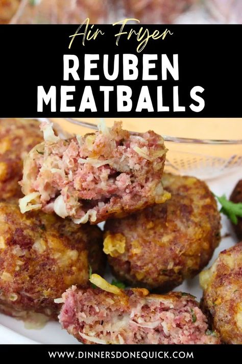 Craving a delicious Irish twist on a classic? Dive into my Reuben Meatballs recipe, perfect for your air fryer or oven! Transform your mealtime with savory bites packed with corned beef, Swiss cheese, and sauerkraut. From prep to plate, enjoy the St Patrick's Day anytime of the year. Pin and try it today to delight your taste buds! 🍽️ Reuben Meatballs, Meatballs, Corned Beef Recipes, St Patrick's Day Recipes Crispy Reuben Balls, Reuben Meatballs, Reuben Balls, Meatballs In The Air Fryer, St Patrick's Day Recipes, Corned Beef Brisket, Savory Bites, Appetizer Meatballs, Corned Beef Recipes