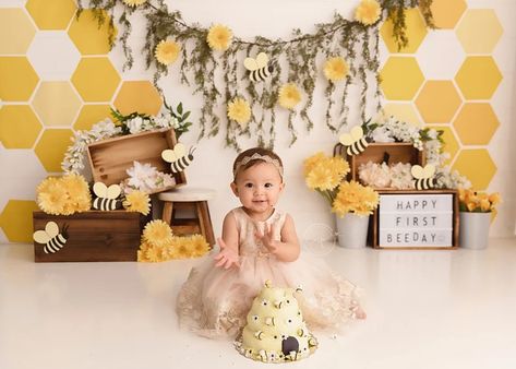 Honey Bee Photography Backdrop Yellow Floral Flowers | Etsy Bee Themed Smash Cake Photos, Bee Theme Photoshoot, Bee First Birthday Photoshoot, Bee Cake Smash Photoshoot, First Bee Day Cake Smash, Bumblebee Smash Cake, 1st Bee Day Photoshoot, Bumble Bee Smash Cake, Bumble Bee First Birthday Girl