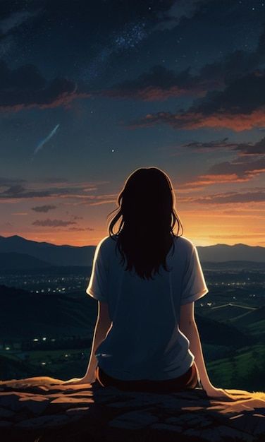 Photo a woman looks at the sunset with t... | Premium Photo #Freepik #photo Sunrise Anime, Anime Looking Up At The Sky, Sunset Background Digital Art, Sunrise Cartoon Background, Star Background, The Sunset, Premium Photo, Graphic Resources, Color Palette