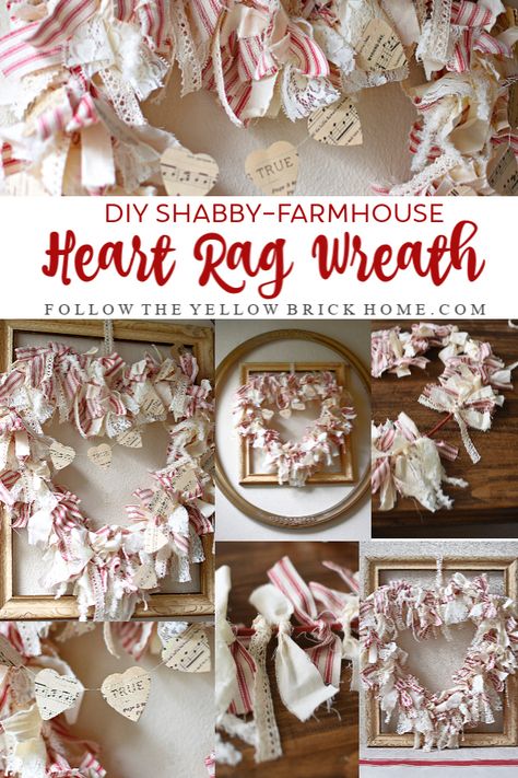 DIY Dollar Store Valentines Day Decorations - Lolly Jane Rag Wreaths, Shabby Farmhouse, Diy Valentine's Day Decorations, Rustic Valentine, Diy Valentines Decorations, Rag Wreath, Valentine Projects, Diy Valentine, Diy Valentines Crafts