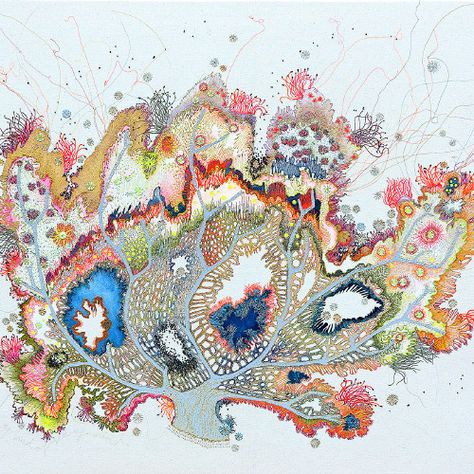 Coral Artwork, Abstract Embroidery, Textile Art Embroidery, Contemporary Textiles, Contemporary Embroidery, Free Motion Embroidery, Textile Fiber Art, Embroidery Patterns Vintage, Thread Painting