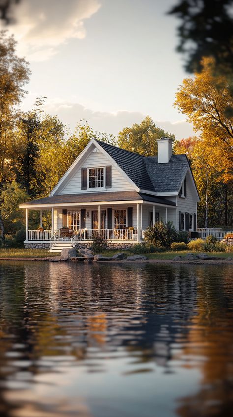 Riverside Cottage with a Cozy Porch Cottage On The Water, House On The Lake, Cozy Porch, Riverside Cottage, Cozy Nooks, Peaceful Living, Cottage Cabin, Dream Cottage, White Cottage