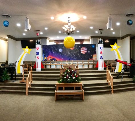 Space Theme Stage Design, Outer Space Stage Design, Outer Space Set Design, Space Vbs Crafts, Stellar Vbs Decorations, Outer Space Vbs Decorations, Vbs Stellar Decorations, Vbs Space Theme Decorations, Space Vbs Decorations