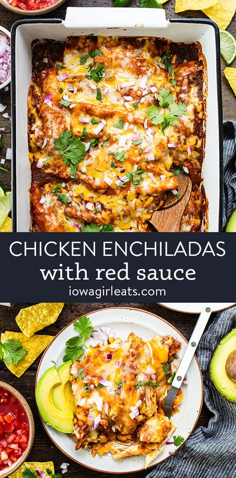 Easy Chicken Enchiladas with Red Sauce — Restaurant Quality Quick Chicken Enchiladas, Easy Red Enchiladas Chicken, Red Enchilada Recipe, Salsa Chicken Enchiladas, Enchilada Filling Ideas, Easy Chicken Enchiladas With Red Sauce, Enchiladas With Red Sauce, Red Sauce Recipes Dinners, Chicken Enchiladas With Red Sauce Easy