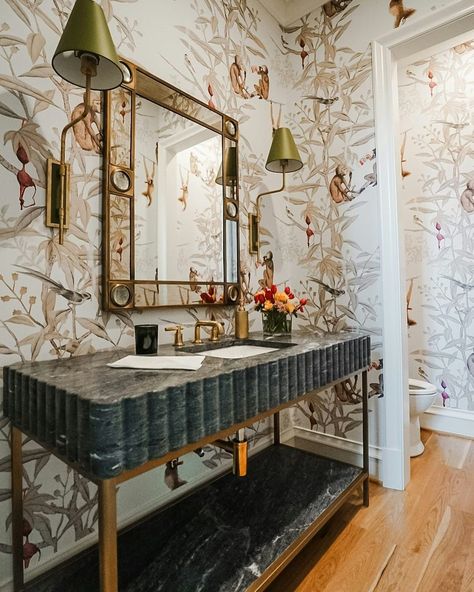 Astek (@astekinc) • Instagram photos and videos Drunk Monkey Wallpaper Bathroom, Drunk Monkey Wallpaper, Monkey Bathroom, Wallpaper Pairs, Magical Interior, Dramatic Marble, Monkeys Wallpaper, Monkey Wallpaper, Marble Countertop