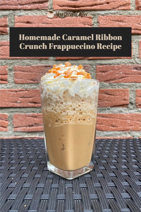 This caramel ribbon crunch Frappuccino recipe is perfect for when you're dreaming of something sweet. The combination of coffee, milk, and ice makes a delicious drink that's sure to satisfy your cravings. Frappachino Recipe, Caramel Ribbon Crunch Frappuccino, Ribbon Crunch Frappuccino, Salted Caramel Mocha Frappuccino, Caramel Ribbon Crunch, Homemade Frappuccino, Salted Caramel Mocha, Frappe Recipe, Caramel Frappuccino