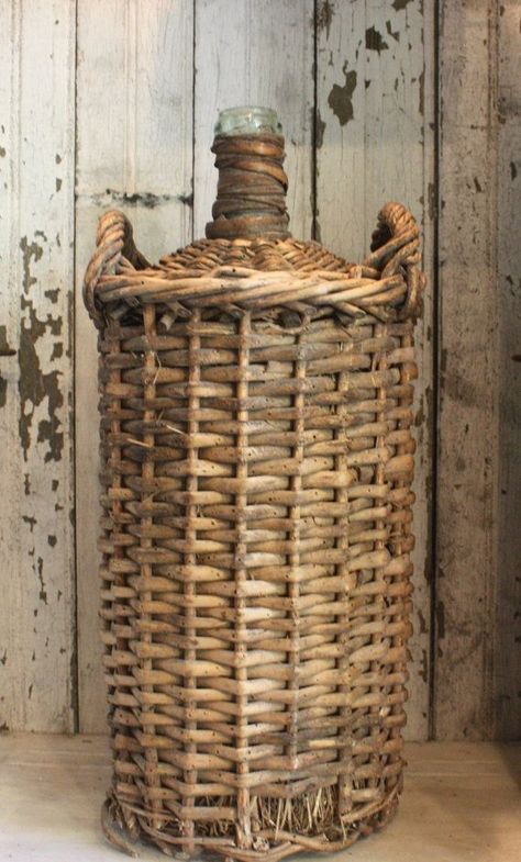 ♔ Vintage French wicker demi john French Basket, Old Wicker, Antique Wicker, Old Baskets, Wine Jug, Vintage Basket, Basket Vintage, Bottle Wrapping, Vintage Baskets