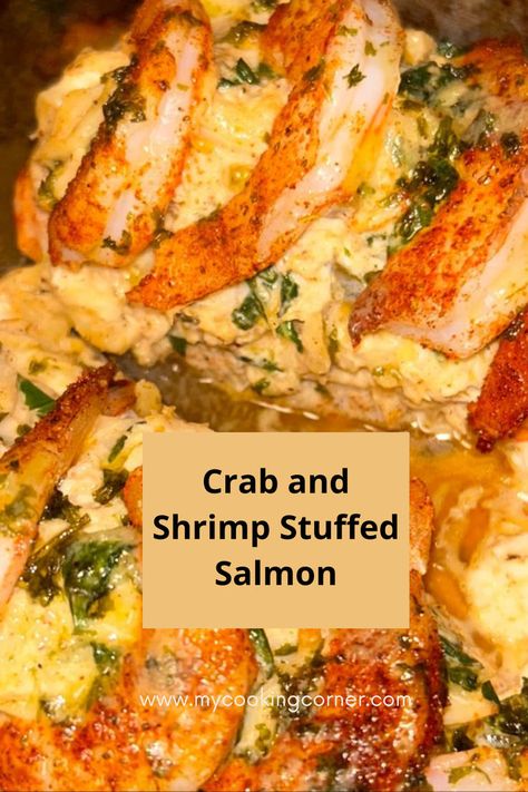 Elevate your dinner game with our Crab and Shrimp Stuffed Salmon recipe! #CrabandShrimpStuffedSalmon #LuxuriousDining #SeafoodDelight #HomeCooking #recipeidea Salmon Stuffed With Crab, Shrimp Stuffed Salmon, Stuffed Salmon Recipe, Salmon Stuffed, Crab Stuffed Salmon, Crab And Shrimp, Shrimp Stuffed, Stuffed Salmon, Dinner Games