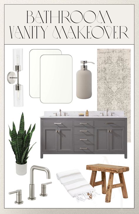 Our Bathroom Makeover (on a Budget) Bathroom Redo Ideas, Greige Bathroom, Bathroom Makeover On A Budget, Rental Makeover, Grey And White Bathroom, Andee Layne, Her Bathroom, Gray And White Bathroom, Grey Bathroom Tiles