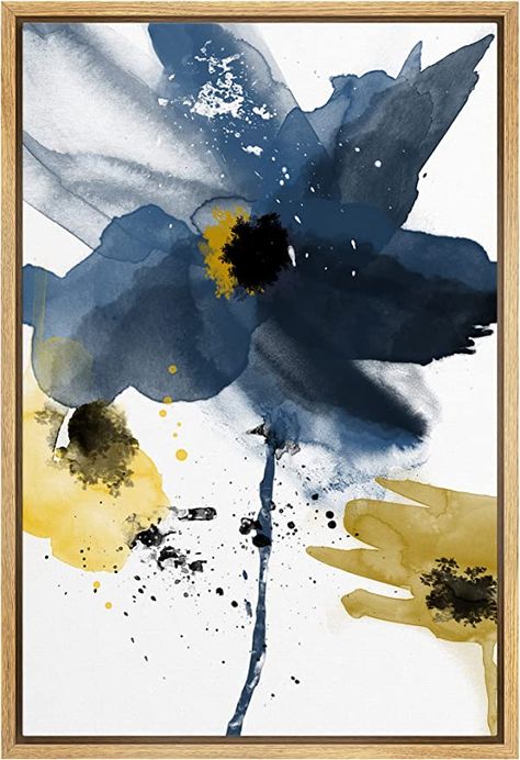 SIGNFORD Navy Blue and Mustard Yellow Abstract Botanical Floral Framed Wall Art Elegant Preppy Living Room/Bedroom/Bathroom Decor Wall Art above Couch/Bed/Toilet - 16x24 inches Landscape Wall Painting, Home Artwork, Abstract Wall Painting, Blue Flower Painting, Flower Painting Canvas, Wall Art Blue, Decoration For Living Room, Flower Canvas, Art Blue