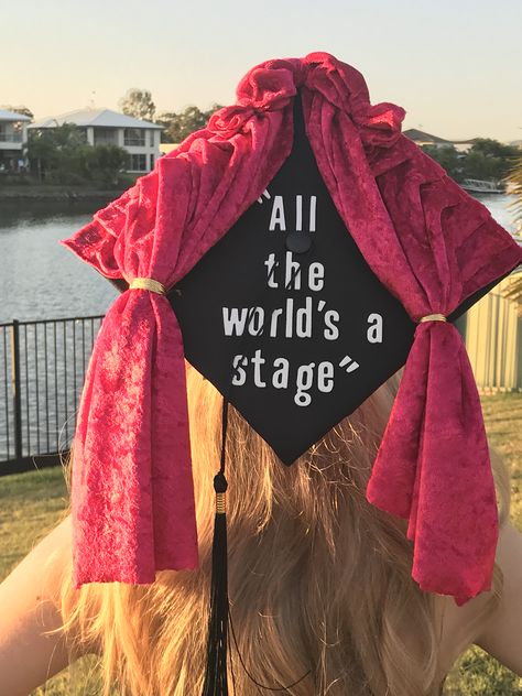 Grad Cap Ideas Musical Theatre, Theatre Grad Cap, Graduation Cap Designs Theatre, Theater Graduation Cap, Theatre Graduation Cap, Grad Fits, Graduation Cap Decoration Diy, College Graduation Cap Decoration, Graduation Sash