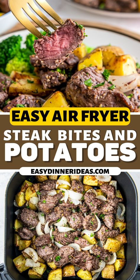 Juicy Air Fryer Steak Bites with Potatoes is a 30 minute, one pot meal. Tender, cubed steak and crispy potatoes are the perfect combo! Air Fryer Steak And Potatoes, Budget Air Fryer Meals, Steak Bites Potatoes, Butter Steak Bites And Potatoes, Easy Steak Dinner Recipes, Steak Bites And Potatoes, Easy Steak Dinner, Air Fryer Steak Bites, Air Fry Steak