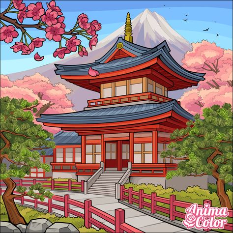 China Building Drawing, Japanese Building Illustration, Japanese Temple Drawing Easy, Chinese Building Drawing, Japan Drawing Easy, Japanese Temple Drawing, Pagoda Drawing, Sunset Painting Easy, Simple House Drawing