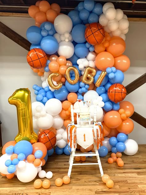 Basketball balloons, myler balloons, balloon wall, first birthday decorations Basketball Birthday Party Balloons, Basketball First Birthday Party Ideas, 1st Birthday Party Basketball Theme, Sports Party Balloons, Basketball Birthday Balloon Arch, Rookie Of The Year First Birthday Basketball Party, And 1 Basketball Birthday Party, Basketball Half Birthday Ideas, 1st Basketball Birthday Party