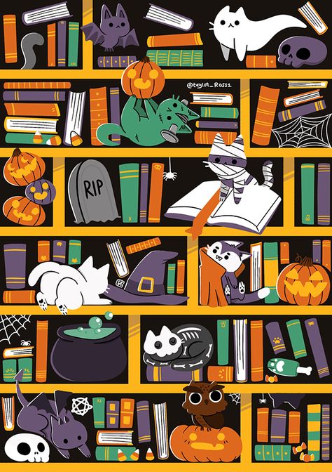 Spooky Library, Halloween Library, Spooky Books, Stickers Books, Cat Book, Illustration Procreate, Search And Find, Halloween Backgrounds, Picture Books