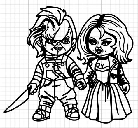 Chucky And Tiffany Drawing Outline, Chucky And Tiffany Svg, Scary Cartoon Tattoos, Bride Of Chucky Tattoo Stencil, Chucky Tattoo Outline, Chucky Drawing Easy, Chucky And Tiffany Drawing, Chucky Sketch, Chucky And Tiffany Tattoo