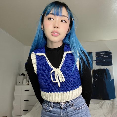 💙 Sailor collar cropped crochet sweater vest... - Depop Cropped Crochet Sweater, Vest Handmade, Crochet Sweater Vest, Royal Blue Sweater, Vintage Sailor, Personal Style Inspiration, Sweater Crochet, Sailor Collar, Love Blue