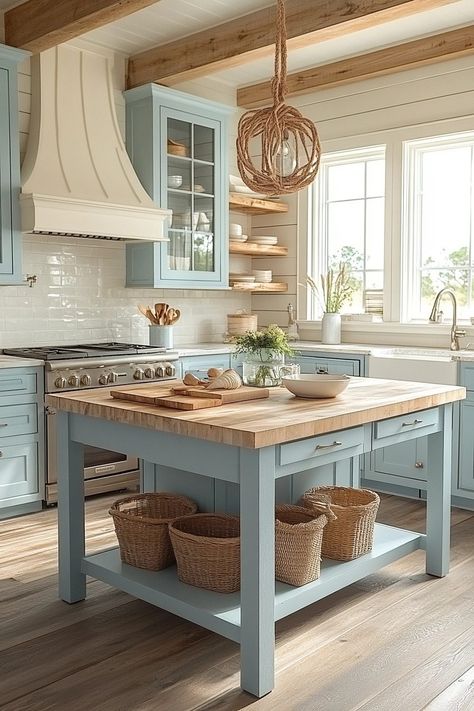 29 Coastal Farmhouse Kitchen Ideas for a Breezy Cooking Space 1 Rustic Beach House Kitchen, Rustic Coastal Kitchen, Coastal Farmhouse Kitchen Decor, Rope Drawer Pulls, Beach Cottage Kitchen, Ship Lantern, Rustic Beach House, Coastal Farmhouse Kitchen, Light Blue Kitchens