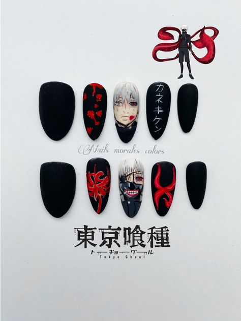 Tokyo Ghoul Nail Art, Tokyo Ghoul Inspired Nails, Tokyo Nail Art, Anime Nails Tokyo Ghoul, Tokyo Ghoul Nails Designs, Tokyo Ghoul Nails, Tokyo Revengers Nails, Anime Nail Ideas, Anime Nail Art