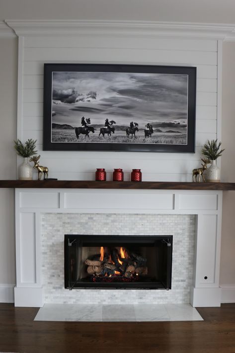 Fireplace Ideas Wood Mantle, Updated Fireplace Mantle, Updated Mantle Fireplace Redo, Hamptons Fireplace Ideas, Mantle Design Ideas, Fireplace Mantle With Tv, Fireplace Makeover With Tv, Hampton Fireplace, Tile Fireplace With Wood Mantle