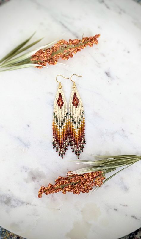 Turkey Beaded Earrings, Free Seed Bead Fringe Earring Patterns, Bead Earring Patterns, Fringe Earring, Orange Beaded Earrings, Native Earrings Beaded, Western Beaded Earrings, Seed Bead Earrings Patterns, Turkey Beads