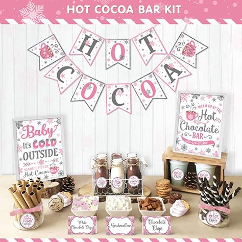 Hot Chocolate Bar Party, Hot Chocolate Toppings, Hot Cocoa Party, Cocoa Party, Winter Wonderland Birthday, Snowflake Baby Shower, Baby Bar, Chocolate Babies, Outside Baby Showers