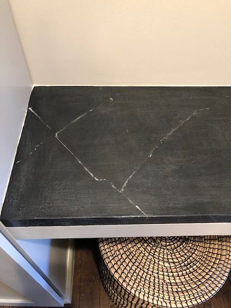 Painted Black Countertops, Faux Black Marble Countertop, Diy Black Marble Countertops, Diy Soapstone Countertops, Faux Soapstone Countertops Diy, Cottage Snug, Black Soapstone Countertops, Faux Soapstone, Painted Countertops Diy