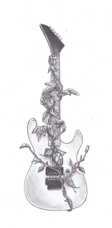 Guitar With Music Notes Tattoo, Base Guitar Tattoo, Cool Guitar Tattoos, Rock Guitar Tattoo, Rock Music Drawing, Guitar Drawing Art, Drawings Of Music, Drawing Ideas Guitar, Guitar Art Drawing