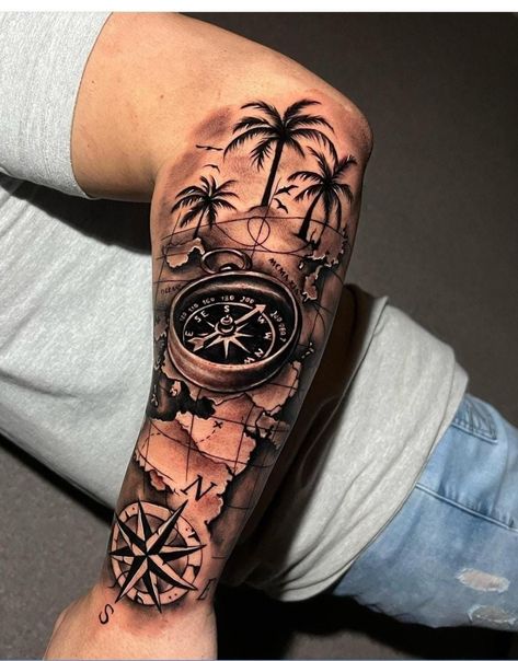 Half Sleeve Beach Tattoo For Men, Compass And Map Tattoo, Compass Tattoo Men, Nautical Tattoo Sleeve, Arm Tattoos For Guys Forearm, Half Sleeve Tattoos Forearm, Wolf Tattoo Sleeve, Family Tattoo Designs, Palm Tattoos