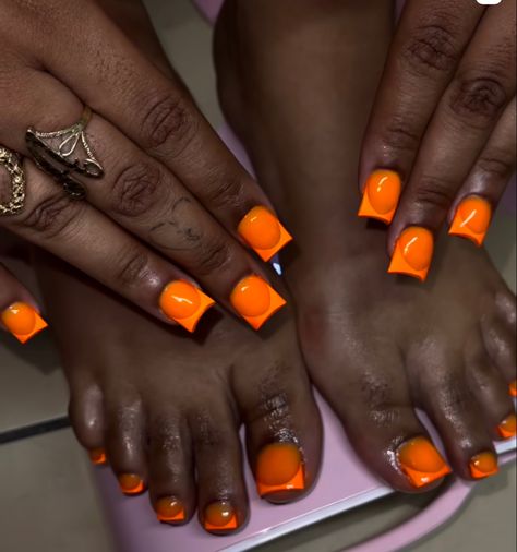 Orange Nails And Toes, Acrylic Nails And Toes Matching, Nails And Toes Matching Ideas, Acrylic Nails And Toes, Matching Nail And Toe Sets, Nails And Toes Matching, Spooky Sets, Orange Toe Nails, Nails And Toes