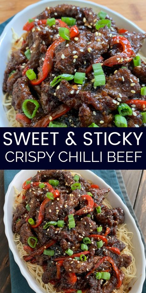 An easy Chinese takeout recipe for Crispy Chilli Beef. A sweet and sticky Asian sauce with perfectly tender meat. Sweet Chili Sauce Recipe Dinners Beef, Sweet Chili Beef, Sticky Beef Recipes, Sticky Chilli Beef, Sweet Chili Beef Stir Fry, Crispy Chili Beef Recipe, Chinese Crispy Beef Recipes, Sweet Chilli Beef, Crispy Chilli Beef Recipe