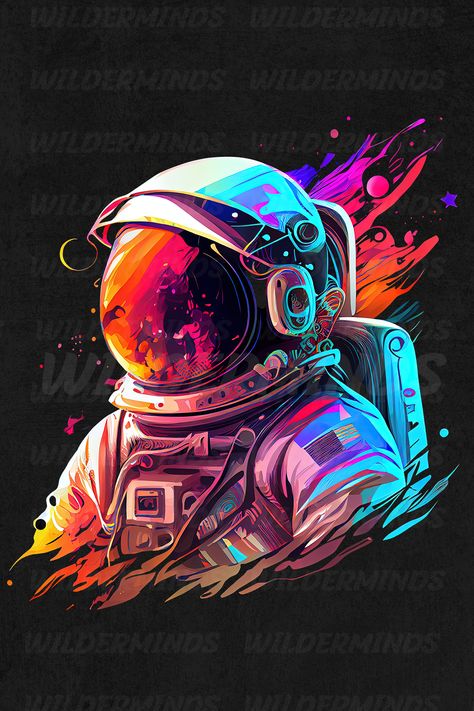 a portrait of an astronaut floating in space amidst a backdrop of vibrant colors and psychedelic patterns. Trippy Astronaut, Illustration Astronaut, Graphic Design T Shirt, Astronaut Floating In Space, Trippy Decor, Astronaut Drawing, Trippy Posters, Astronaut Illustration, Hippie Posters