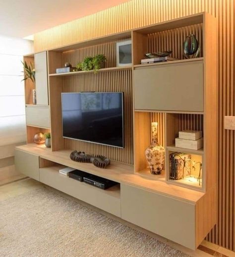 Living Room Design Blue, Tv Wall Shelves, Modern Tv Unit Designs, Tv Unit Furniture Design, Stairs Design Interior, Tv Unit Interior Design, Modern Tv Units, Home Theaters, Living Room Tv Unit