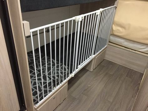 Crib In Camper, Rv Crib Ideas, Bunk Bed Railing Ideas, Sleep Safe Bed, Caravan Bed, Caravan Bunk Beds, Bunk Bed Rail, Caravan Bunks, Camper Bunk Beds