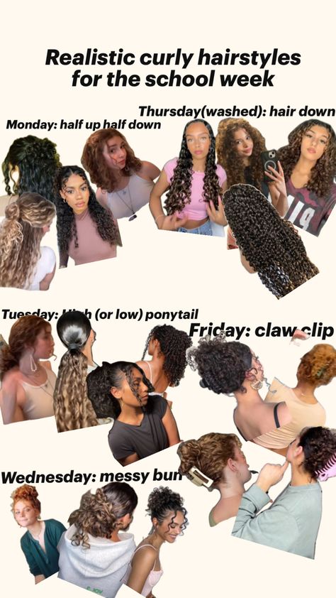 Curly Hair Bitmoji, Thursday Hairstyles For School, Low Manipulating Curly Hair Styles, How To Style 3b Curly Hair, Weekly Hairstyles For School, Full Week Of Hairstyles, Simple Twist Hairstyles, Curly Hair Types Charts, Curly Fall Hairstyles