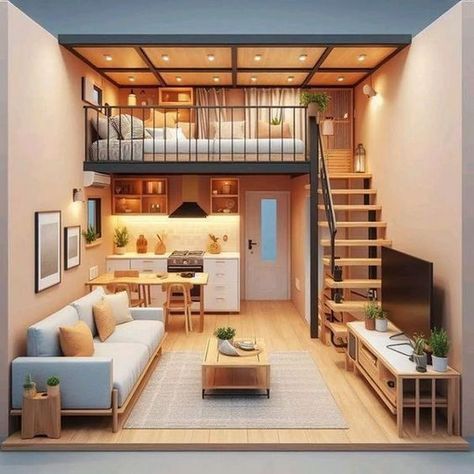 50 Stunning Tiny Houses With Great Loft Spaces – Decomagz Mezanine Interior Small House Plan, Mezzanine Small House, Small Loft Apartments, Loft Homes, Loft House Design, Loft Interior Design, Tiny House Loft, Tiny House Inspiration, Small Apartment Design