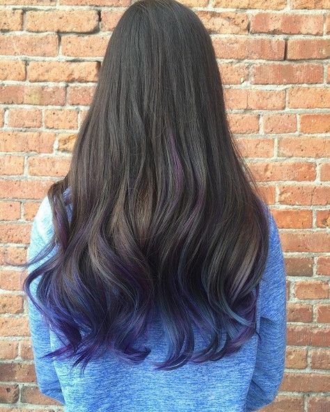 Long Dark Brown Hair With Purple Ends Blue Tips Hair, Dyed Ends Of Hair, Blue Brown Hair, Purple Brown Hair, Black Hair Ombre, Dipped Hair, Dyed Tips, Hair Dye Tips, Purple Tips