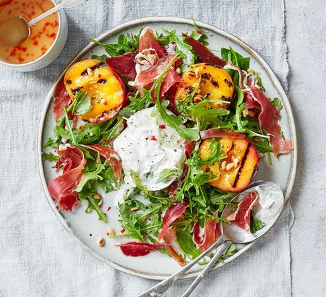 Grilled Peach Salad with Burrata Recipe Peach And Burrata, Peach Salad Recipes, Salad With Burrata, Honey Balsamic Glaze, Burrata Recipe, Grilled Peach Salad, Diner Menu, 21 Diner, Burrata Salad